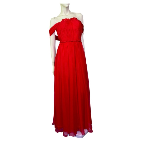 Elegant Red Silk Off-Shoulder Maxi Dress SX - Picture 5 of 9